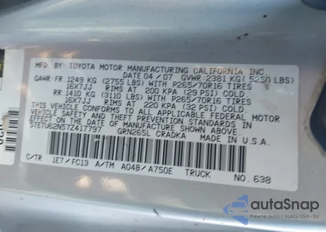 2007 Toyota Tacoma Prerunner V6 z USA, uszkodzony, nr VIN 5TETU62N57Z417797